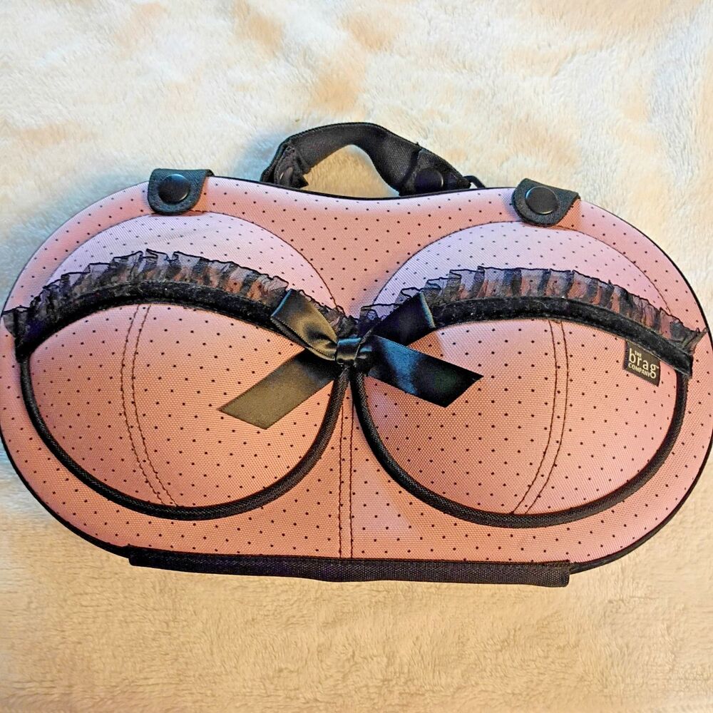 New with Tags BRAG Bra Case Pink Black Polka Dots Lace Travel "THE KATIE"